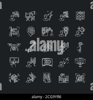 Film making process and staff chalk white icons set on black background Stock Vector
