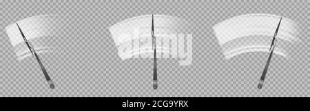 Wipers clean car windscreen. Wiper blades washing windshield window from dirt and dust. Vector realistic set of vehicle automatic equipment for rubbing glass isolated on transparent background Stock Vector