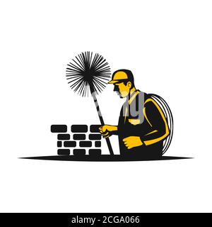 Chimney sweep with tool in uniform and chimney on the roof symbol. Retro style illustration of a chimney sweeper symbol isolated white background. Vec Stock Vector