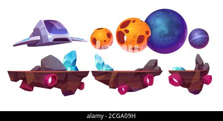 Space game platform, cartoon arcade isolated elements spaceship, flying rocks and alien planets for computer or mobile 2d gui design. Cosmos adventure, universe futuristic vector illustration set Stock Vector