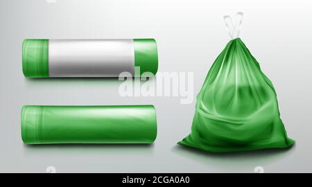 Trash bag mockup, plastic roll and sack full of garbage. Green disposable package for rubbish mock up. Household supplies for waste throw isolated on grey background. Realistic 3d vector illustration Stock Vector
