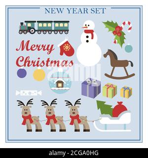 A set of flat illustrations for new year and Christmas. Vector set of isolated images snowman, sleigh, deer, gifts, train, Christmas toys, mittens, horse. Bright objects for a postcard, ad, sale, or website with a new year s theme. Happy Winter Holidays poster. New year Stock Vector