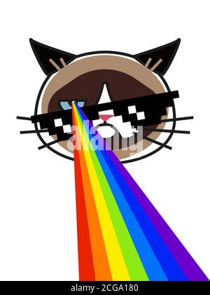 Grumpy cat in pixel glasses with rainbow lasers Stock Vector