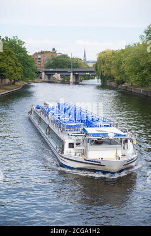 BERLIN, GERMANY - AUGUST 29, 2020: Empty passenger boat on the Spree river