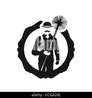 Chimney sweep with tool in uniform and chimney on the roof symbol. Retro style illustration of a chimney sweeper symbol isolated white background. Vec Stock Vector