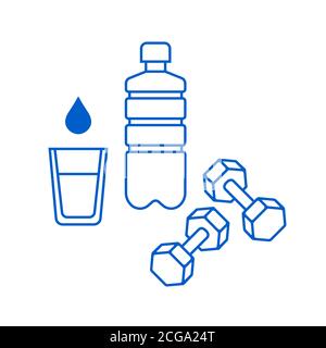 Water glass, plastic bottle and dumbbells icons Stock Vector