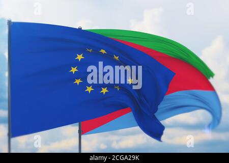 Waving European Union flag and flag of Eritrea. Closeup view, 3D illustration. Stock Photo