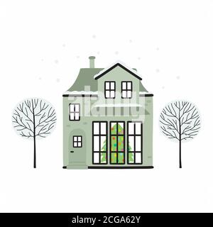 Christmas house covered with snow with a Christmas tree inside Stock Vector