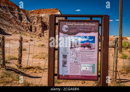 Kane County, Utah / USA - June 12, 2020: The National Park Service sign marking the entrance to The Toadstool Trail, part of Grand Staircase - Escalan Stock Photo