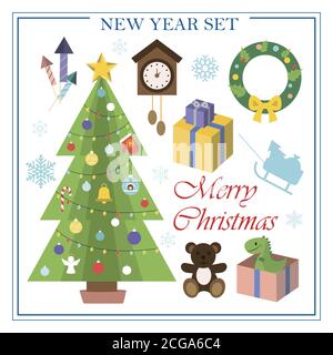 A set of flat illustrations for new year and Christmas. Vector set of isolated images Christmas tree, Christmas wreath on the door, Packed gifts under the tree, clock, firecrackers. Bright objects for a postcard, ad, sale, or website with a new year s theme. Happy Winter Holidays poster. New year Stock Vector