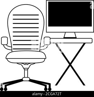 workspace armchair table and pc monitor isolated icon line style vector illustration Stock Vector