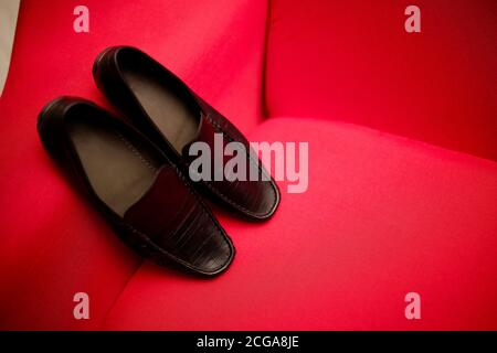 Male shoes collection. Men's fashion leather shoes flat lay Stock Photo