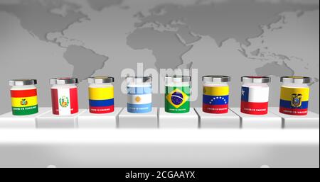 3D illustrated bar graph chart with countries from South-Latin America in line for corona virus vaccine. Corona virus vaccine race. Stock Photo