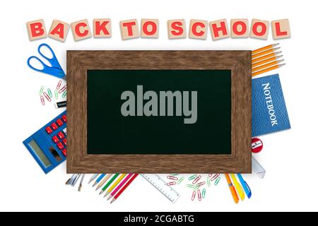 Back to school alphabet blocks, concept of education with stationery and chalkboard copy space on top isolated on white background. Stock Photo