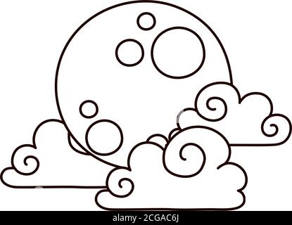 cartoon full moon and clouds sky natural isolated icon line style vector illustration Stock Vector