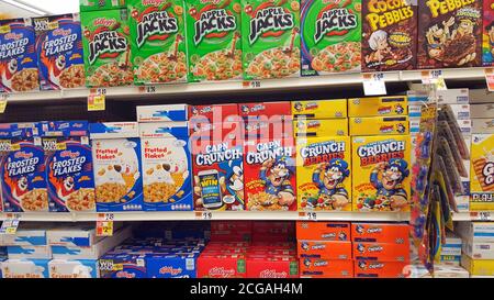 Many varieties of breakfast cereal on an American supermarket shelf, United States Stock Photo