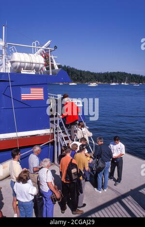 People board whale watching vessel at Friday Harbor, San Juan Island, Washington USA Stock Photo