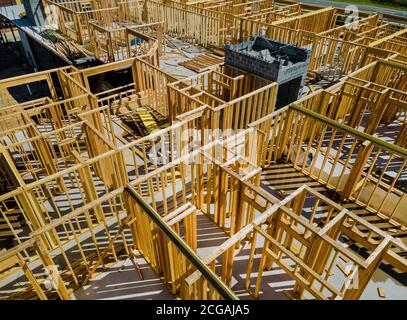 New residential home framing interior view under construction new house Stock Photo