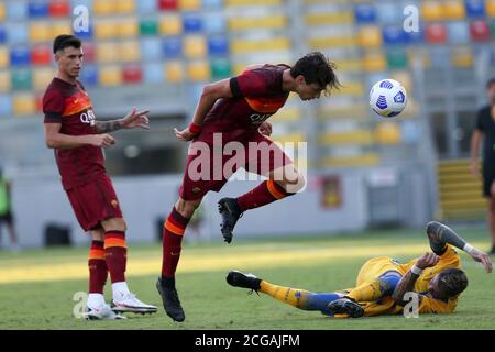 Frosinone, Italy. 09th Sep, 2020. Riccardo Calafiori (Roma) heads the ball during the friendly match between Frosinone Calcio and AS Roma at Stadio Benito Stirpe on September 9, 2020 in Frosinone, Italy. (Photo by Giuseppe Fama/Pacific Press) Credit: Pacific Press Media Production Corp./Alamy Live News Stock Photo