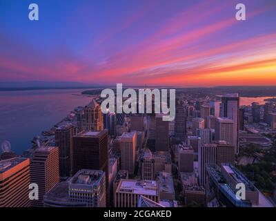 Northwest Washington State Seattle Downtown City Buildings and Space Needle at Sunrise from Above Morning Activity and Light Stock Photo
