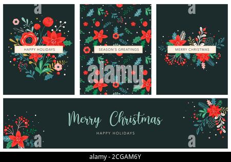 Christmas backgrounds and New year abstract botanical illustrations, cards and patterns with red flowers and leaves.  Stock Vector