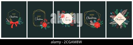 Christmas backgrounds and New year abstract botanical illustrations, cards and patterns with red flowers and leaves.  Stock Vector