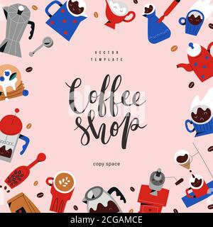 Coffee frame template with coffee shop lettering script logo, border arrangement, menu design for cafe or restaurant, illustrations of coffeemakers Stock Vector