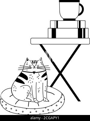 workspace coffee cup books on table and cat isolated icon line style vector illustration Stock Vector