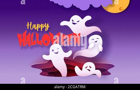 Happy halloween banner with ghosts flying and with moon and cloud. Paper cut style design. Vector illustration. Stock Vector