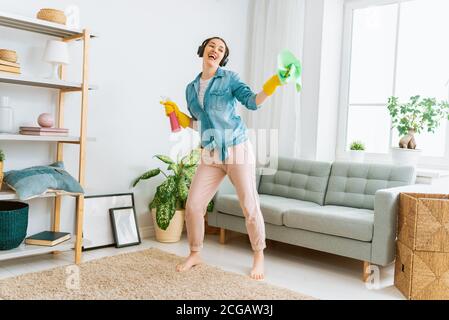 Beautiful young woman doing cleaning the house. Stock Photo