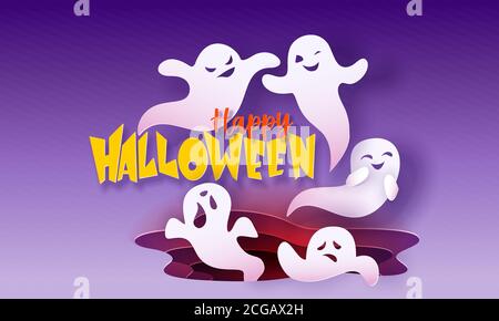 Happy halloween banner with ghosts flying. Paper cut style design. Vector illustration. Stock Vector