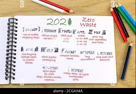 Zero Waste 2021  heading with environmentally friendly ideas for each calendar month written in journal. New year environmental aspirations concept. Stock Photo