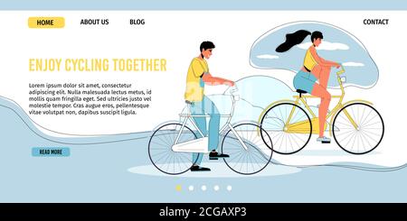 Couple enjoy cycling together outdoor landing page Stock Vector