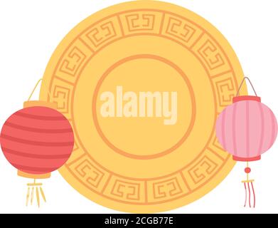 chinese lanterns mooncake decoration and celebration isolated icon style vector illustration Stock Vector