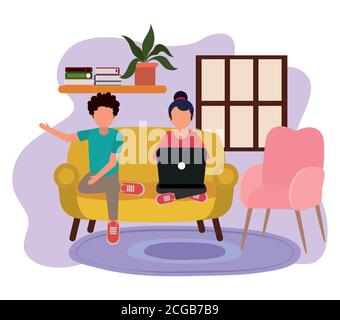 working at home, couple in sofa with laptop, people at home in quarantine vector illustration Stock Vector