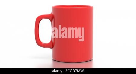 Coffee mug isolated against white background. Hot beverage cup mockup. Red color blank mug with left handle advertise, branding template.  3d illustra Stock Photo