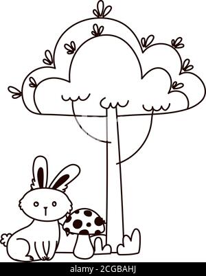 cute rabbit tree mushroom bush autumn season isolated icon line style vector illustration Stock Vector