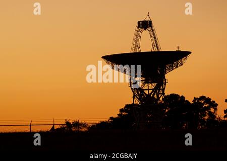 Close up isolated silhouette image of a large radio telescope antenna used for deep space exploration in Wallops Flight Facility of NASA The large sat Stock Photo