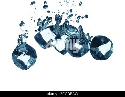 Group of ice cubes falling in water. Refreshment and drink concept. Isolated on white background Stock Photo