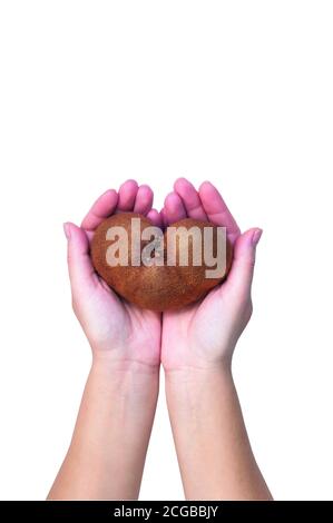 Child holds heart-shaped kiwi fruit in hands on, isolate on white background Stock Photo