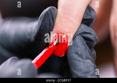 Close Up shot of master in rubber gloves covering red nails with top coat in the beauty salon. Perfect nails manicure process. Stock Photo