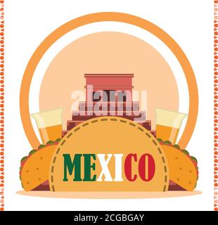 Mexican Independence Day, Ancient Pyramid Maya Coin Tequila And Flags 