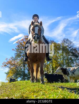 Woman riding out in falltime morning in bavarian Allgäu Stock Photo