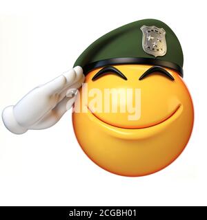 Emoji army solider isolated on white background, military emoticon wearing beret saluting  3d rendering Stock Photo