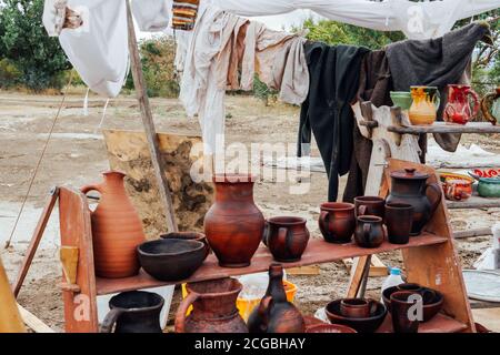 lots of utensils and drying linen summer Stock Photo