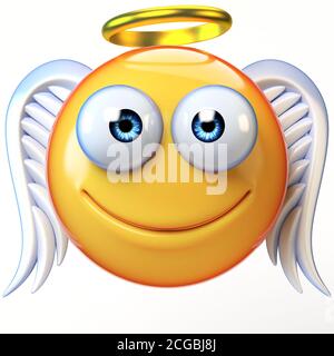 Angel emoji isolated on white background, emoticon with wings and halo 3d rendering Stock Photo