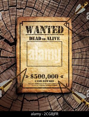 Wanted poster tacked on wooden surface target with three arrows Stock Photo