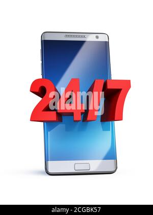 24-7 concept, 3d letters on smart phone, 3d rendering Stock Photo