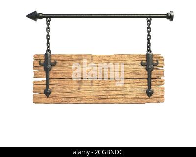 medieval wooden sign board hanging on chains isolated on white Stock ...