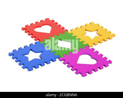 Rubber mat, soft floor, textured foam for kids, puzzle pieces with star heart diamond symbols 3d rendering Stock Photo